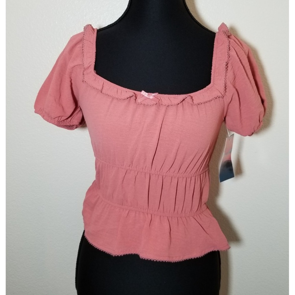 Haley & June Dusty Pink Sz XS Puff Sleeve Crop Top Peasant Milkmaid Boho NWT